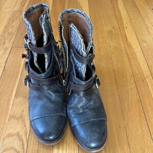 Freebird boots, blue leather with snake print detail